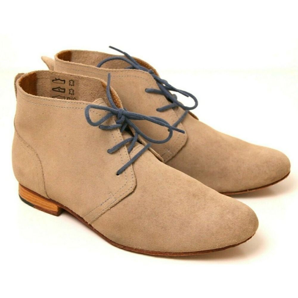 J SHOES BEIGE SUEDE LEATHER LOW HEEL LACE UP ROUND TOE ANKLE BOOTS 38 EUR 7.5 US